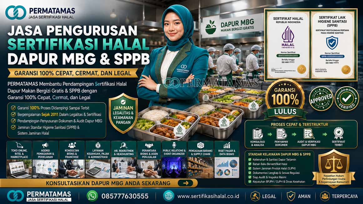 Jasa Pengurusan Sertifikat Halal Dapur MBG & SPPG BPJPH — Cepat & Garansi Dampingi Sampai Terbit 1 Jasa Pengurusan Sertifikat Halal Dapur MBG & SPPG BPJPH — Cepat & Garansi Dampingi Sampai Terbit